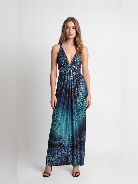 SHORELNE Dresses & Skirts - SHORELNE V-Neck Teal Ombre Maxi Dress with Abstract Print SIZE 3 XL BUT LOOK XL